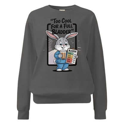 Gray sweatshirt with cartoon rabbit holding a beer and urine test strip graphic on a white background