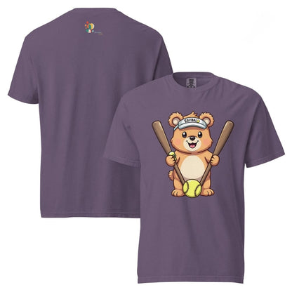 Cartoon bear holding softball bats and ball wearing a visor labeled “Softball” – printed on garment-dyed heavyweight t-shirt for sporty moms