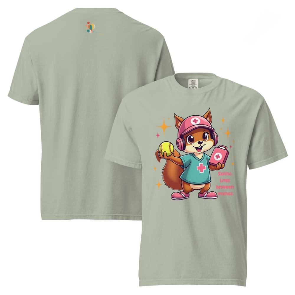 Cute squirrel nurse cartoon in scrubs, pink cap, and headset holding a softball and medical kit with the phrase “Saving Lives Between Innings” — printed on a heavyweight cotton t-shirt