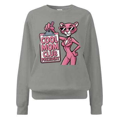 Gray sweatshirt with a pink panther graphic and 'Cool Mom Club President' text on a white background