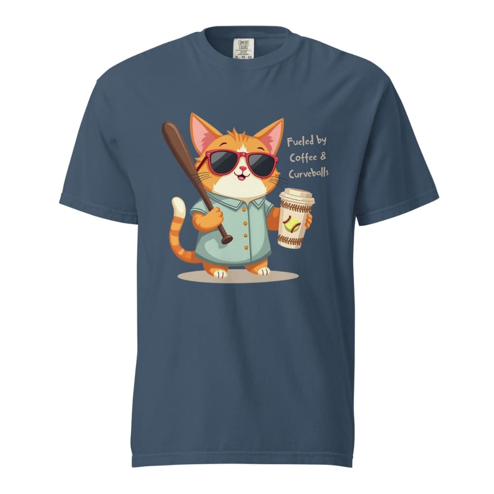 Cool cat with sunglasses holding a softball bat and coffee cup, beside text “Fueled by Coffee & Curveballs” – printed on soft heavyweight t-shirt for sporty moms
