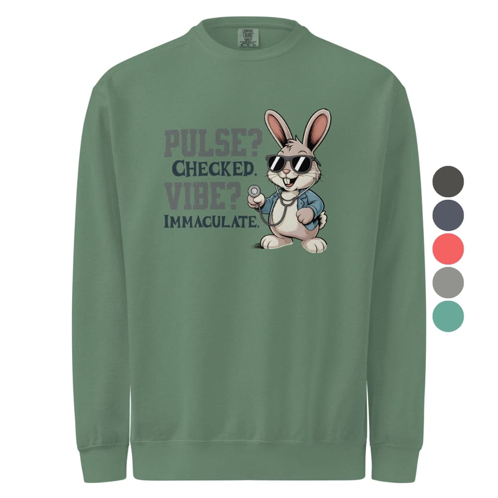 Green sweatshirt with a cartoon rabbit and text on a white background