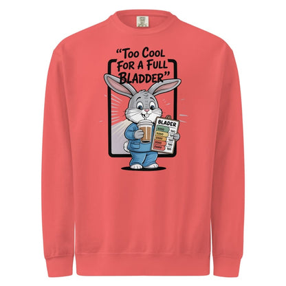 Red sweatshirt with a cartoon bunny holding a beer mug and urine test strip, text 'Too Cool For A Full Bladder' on a white background.