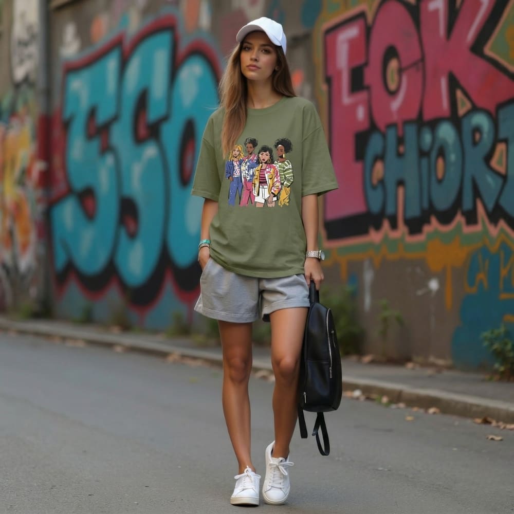 Woman wearing a green graphic t-shirt and white sneakers walking past a graffiti-covered wall.