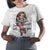Person wearing a white t-shirt with a graphic design and text.
