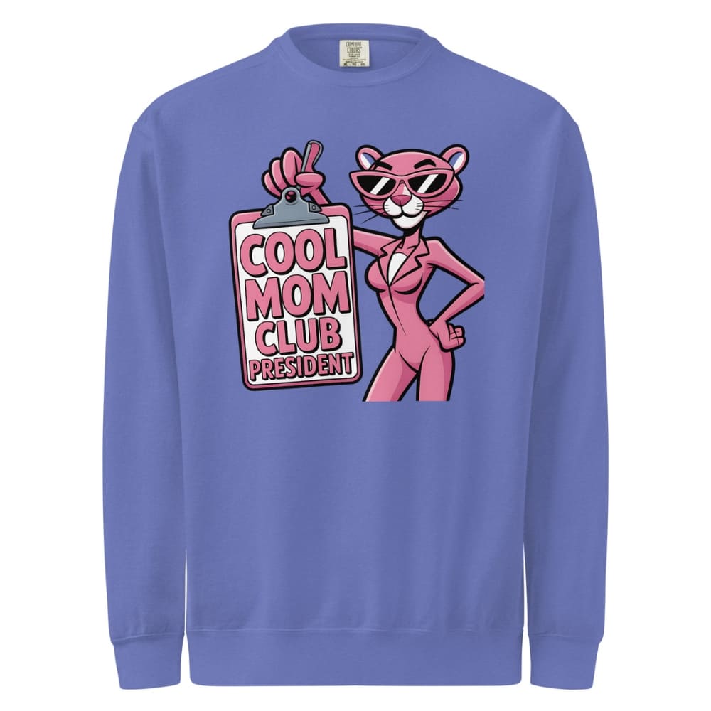 Purple sweatshirt with a pink panther graphic and 'Cool Mom Club President' text on a white background