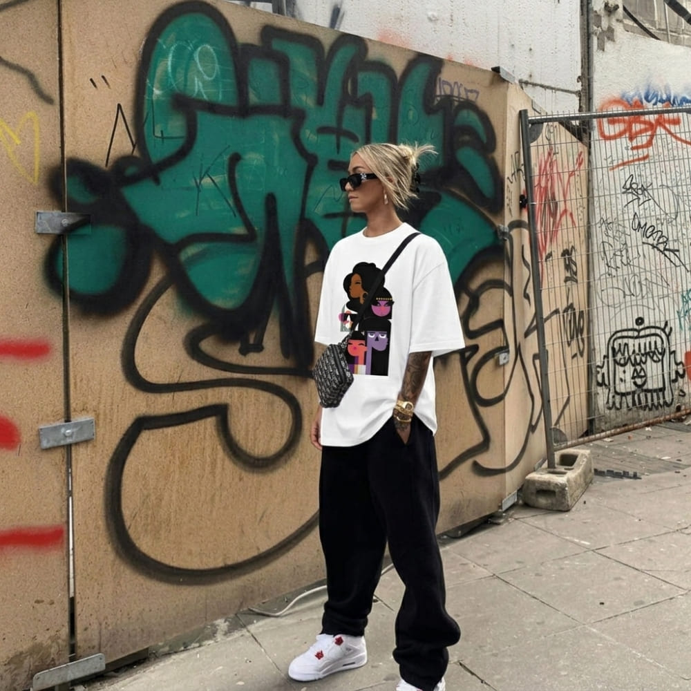 Person wearing a white t-shirt with a graphic design, standing in front of a graffiti-covered wall.