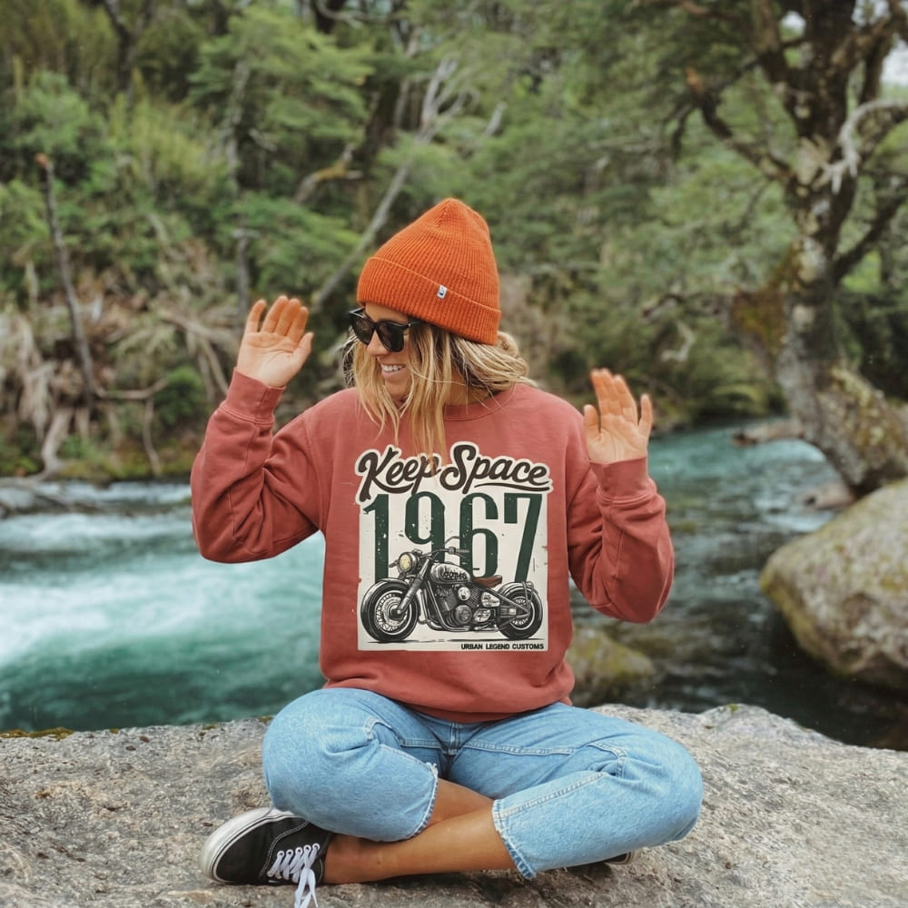 Person wearing a red sweatshirt with a motorcycle graphic and text, sitting by a river with trees in the background.