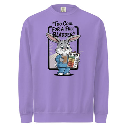 Purple sweatshirt with cartoon rabbit holding a coffee cup and 'bladder' chart, text 'Too Cool for a Full Bladder'.