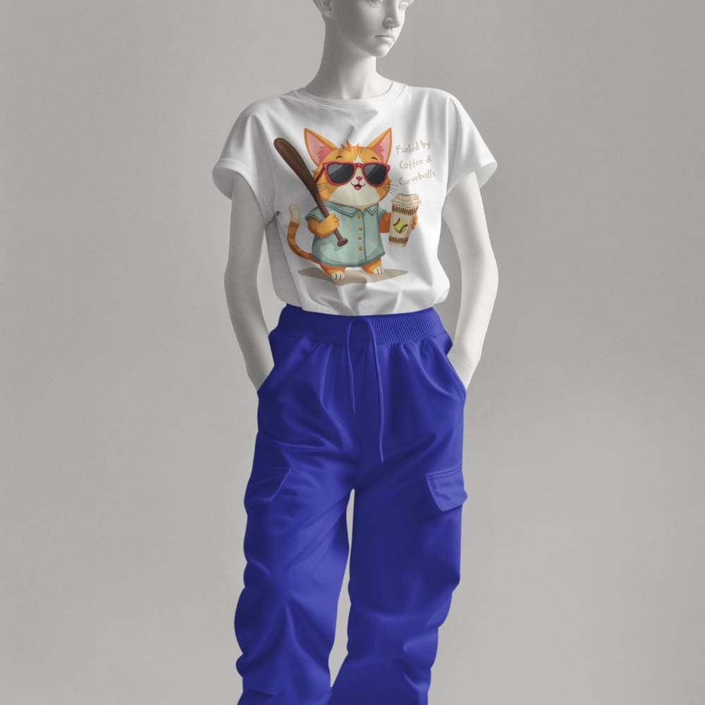 Cool cat with sunglasses holding a softball bat and coffee cup, beside text “Fueled by Coffee & Curveballs” – printed on soft heavyweight t-shirt for sporty moms