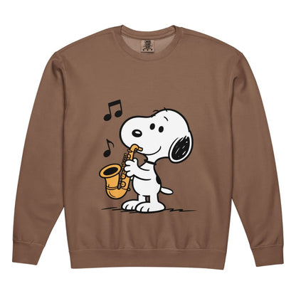 Brown sweatshirt with a cartoon dog playing a saxophone on a white background