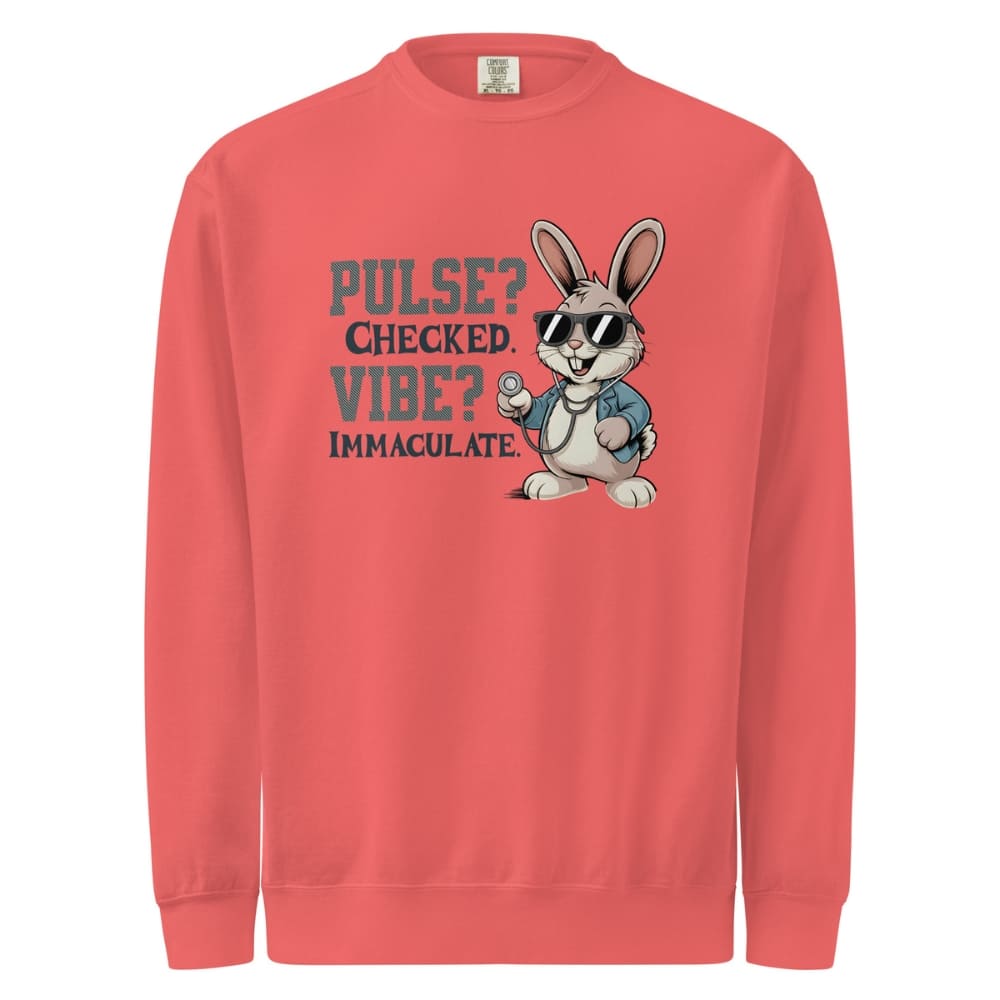 Red sweatshirt with a cartoon rabbit and text on a white background