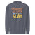 “Mommin' Ain’t Easy But I Slay” retro-style DTG printed design in peach, blue, and yellow on vintage garment-dyed fleece sweatshirt