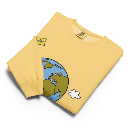 Yellow sweatshirt with a cartoon Earth design on a white background