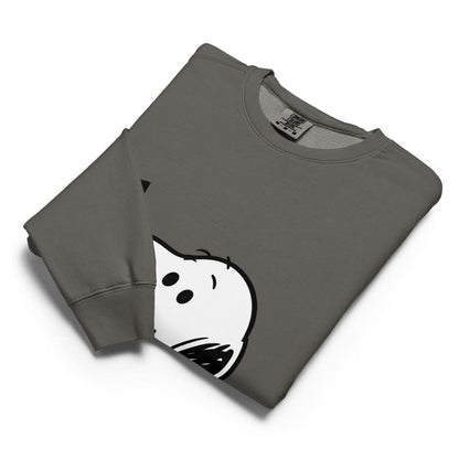 Folded gray sweatshirt with a cartoon ghost design on a white background