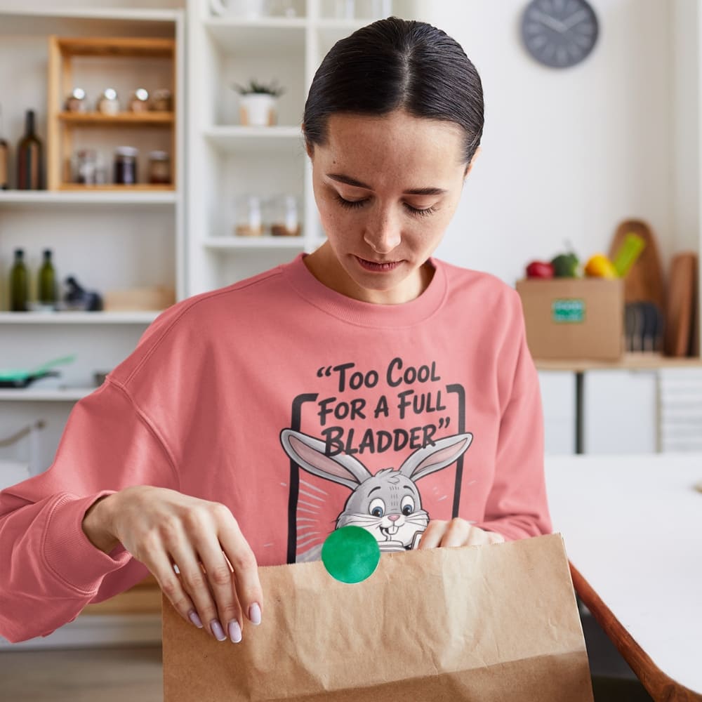 Woman wearing a pink sweatshirt with a graphic design, standing in a kitchen.