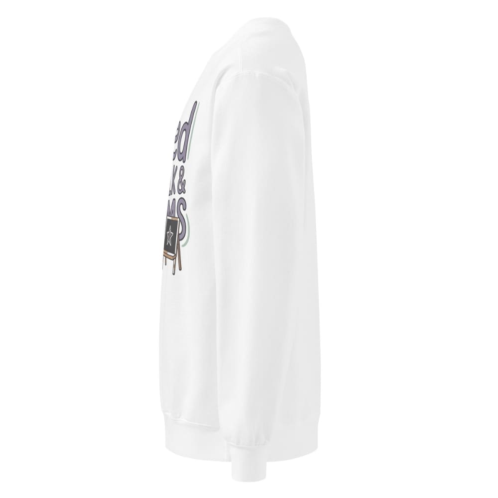 Fueled by Chalk & Dreams printed design on a vintage-style garment-dyed sweatshirt with chalkboard illustration – soft fleece ideal for teachers