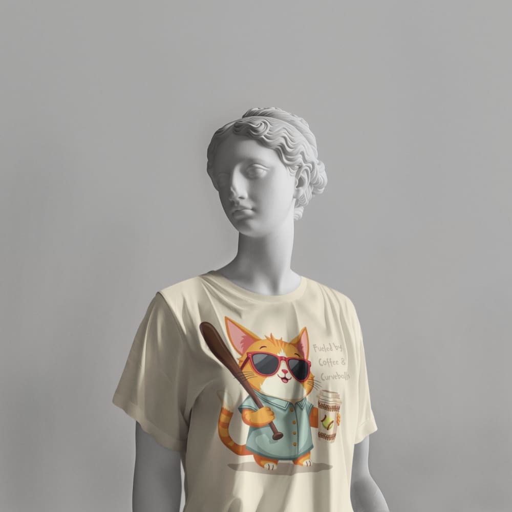 Cool cat with sunglasses holding a softball bat and coffee cup, beside text “Fueled by Coffee & Curveballs” – printed on soft heavyweight t-shirt for sporty moms