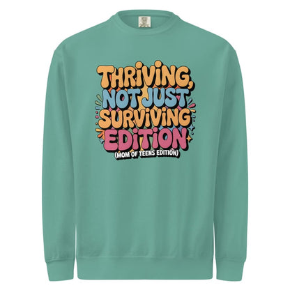 Teal sweatshirt with colorful text design on a white background