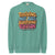 Teal sweatshirt with colorful text design on a white background