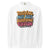 White long-sleeve shirt with colorful text design on a white background