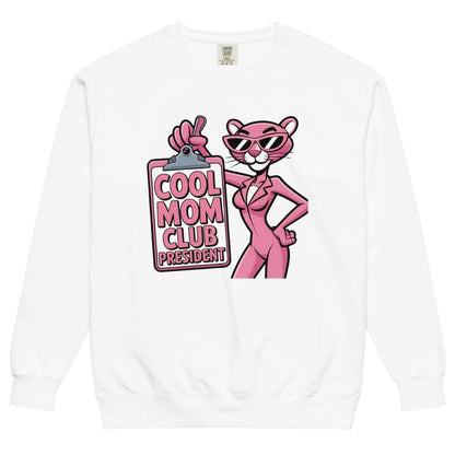 White sweatshirt with a pink panther graphic and 'Cool Mom Club President' text on a white background