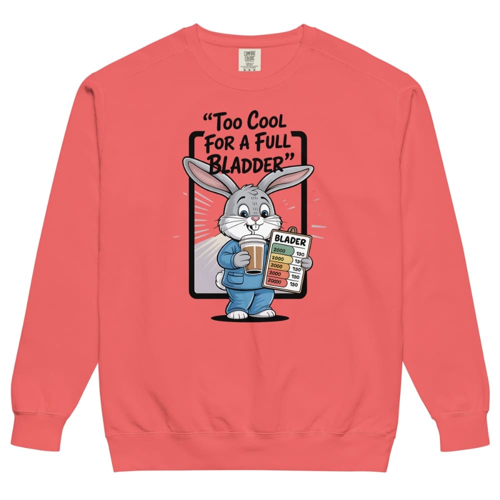 Red sweatshirt with cartoon character holding a beer and sign, text 'Too Cool For A Full Bladder' on a white background