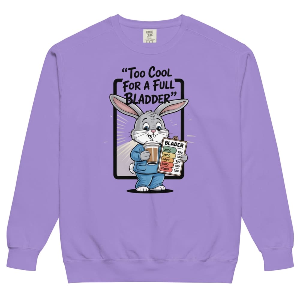 Purple sweatshirt with a cartoon character holding a beer and a sign, on a white background