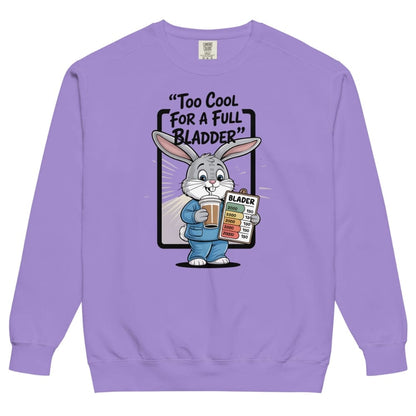 Purple sweatshirt with a cartoon character holding a beer and a sign, on a white background