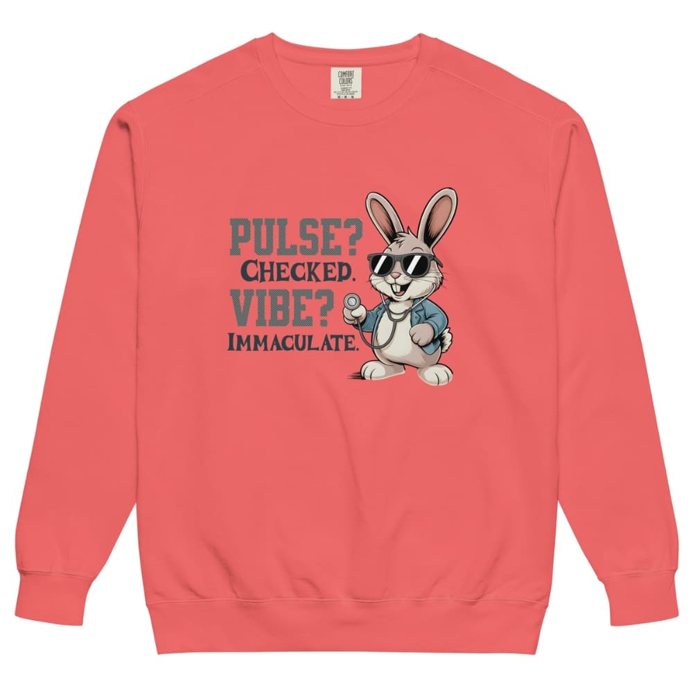 Coral sweatshirt with a cartoon rabbit and text on a white background