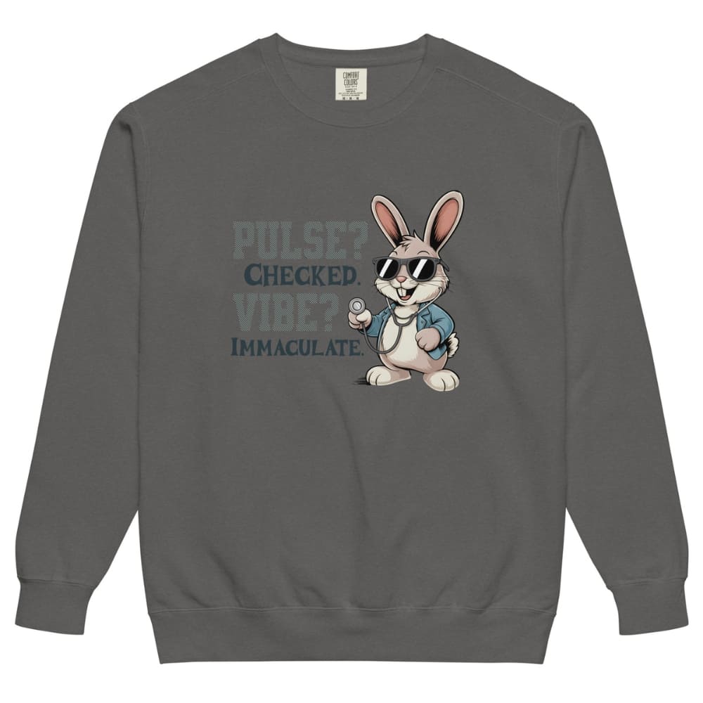 Gray sweatshirt with a cartoon rabbit wearing sunglasses and a jacket on a white background