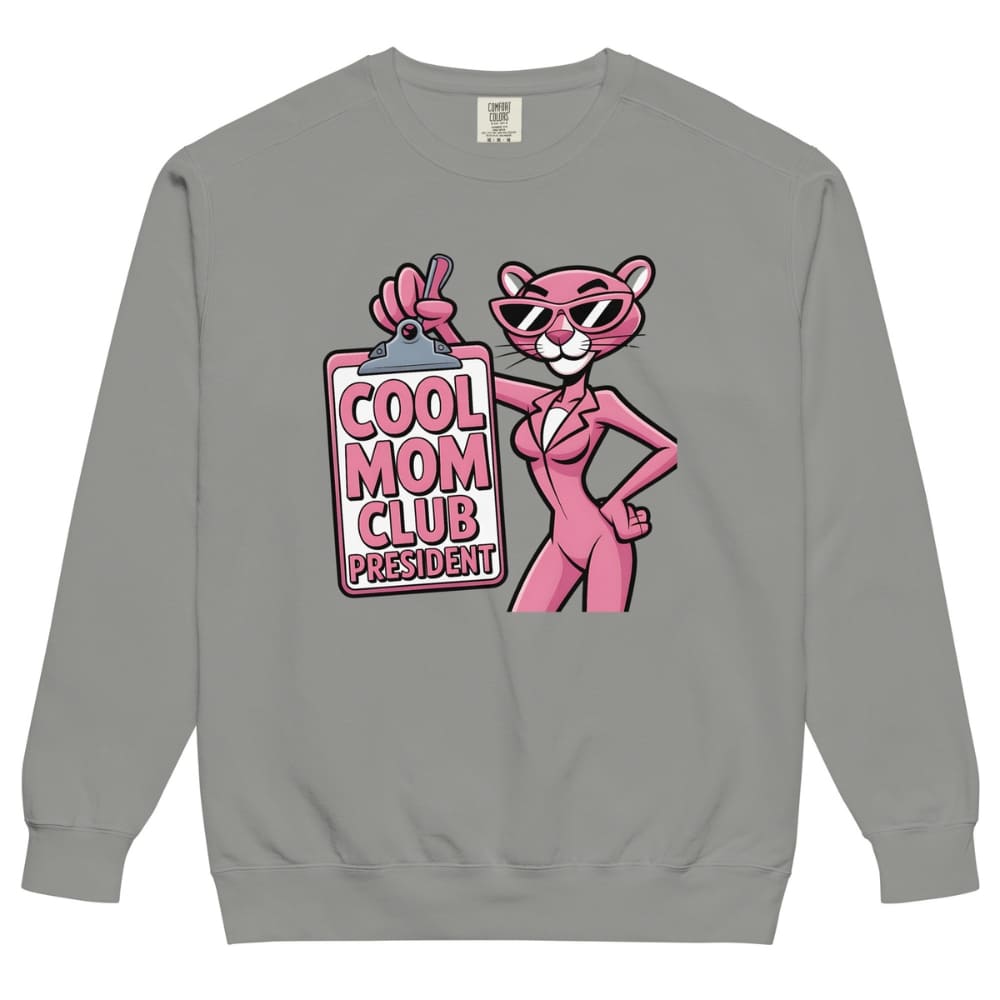 Gray sweatshirt with a pink panther graphic and 'Cool Mom Club President' text on a white background