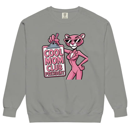 Gray sweatshirt with a pink panther graphic and 'Cool Mom Club President' text on a white background