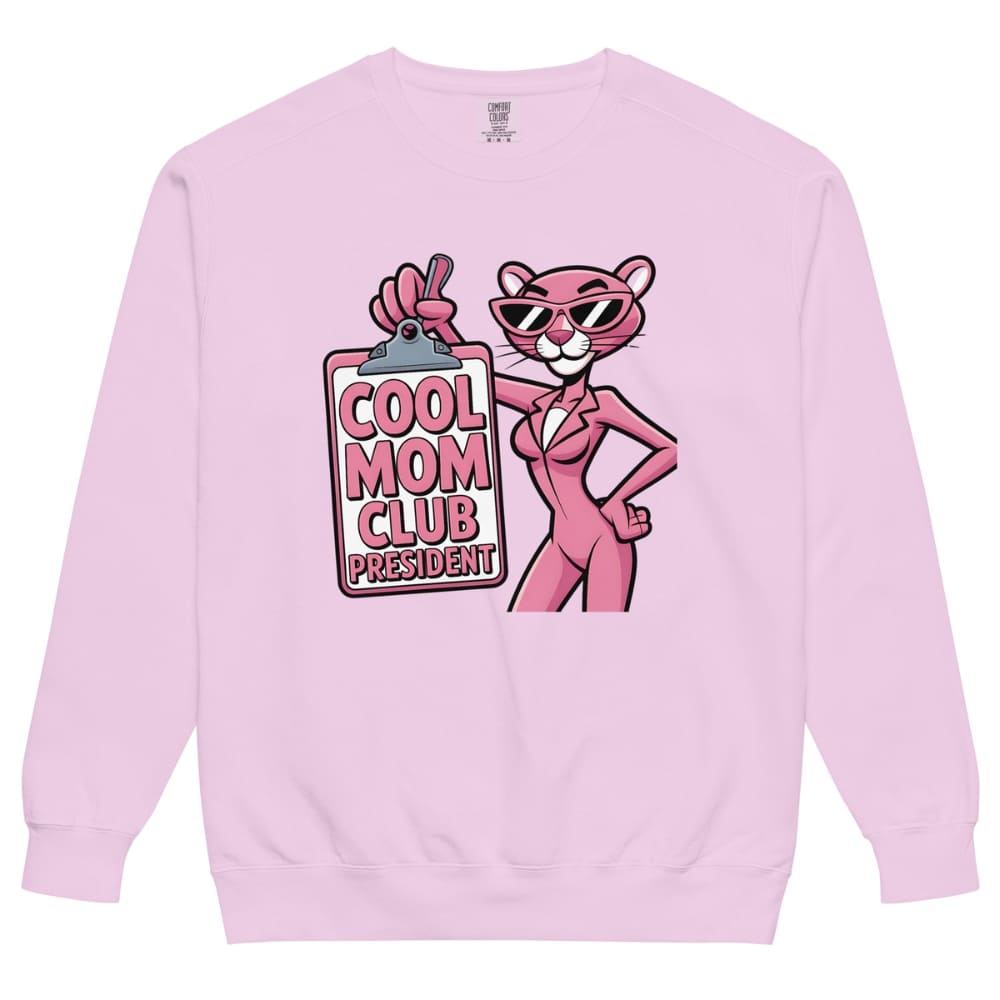Pink sweatshirt with cartoon character and 'Cool Mom Club President' text on a white background