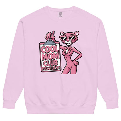 Pink sweatshirt with cartoon character and 'Cool Mom Club President' text on a white background