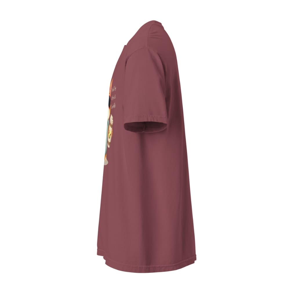 Cool cat with sunglasses holding a softball bat and coffee cup, beside text “Fueled by Coffee & Curveballs” – printed on soft heavyweight t-shirt for sporty moms