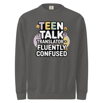 Gray sweatshirt with colorful text and emojis on a white background