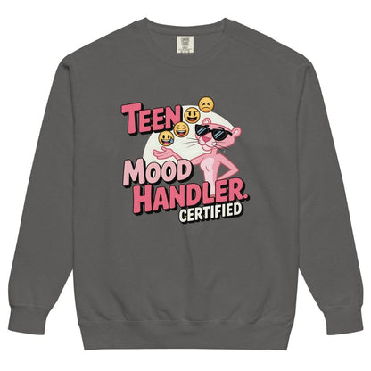 Gray sweatshirt with a graphic design featuring the Pink Panther and text 'Teen Mood Handler Certified' on a white background.
