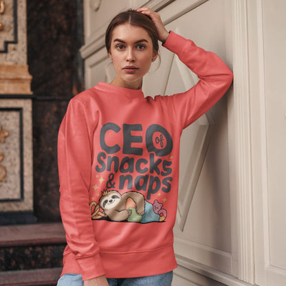 "CEO of Snacks & Naps" printed sweatshirt featuring a sloth in a crown surrounded by pretzels and plushies on vintage-washed cotton fleece
