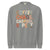 Gray sweatshirt with colorful text 'COFFEE. CHAOS. CARPOOL. REPEAT.' on a white background
