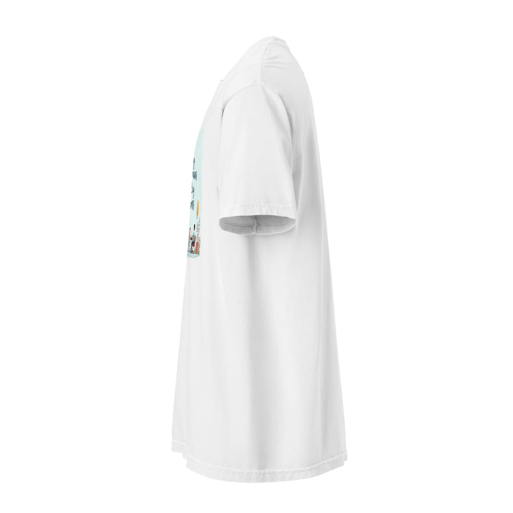 Illustrated t-shirt design with the quote "Building Tiny Humans with Big Dreams" surrounded by a family parenting scene