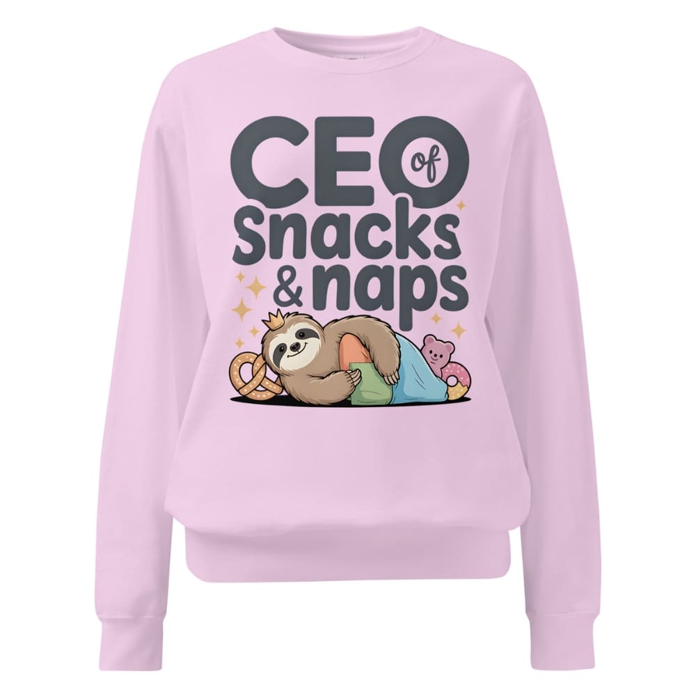 "CEO of Snacks & Naps" printed sweatshirt featuring a sloth in a crown surrounded by pretzels and plushies on vintage-washed cotton fleece