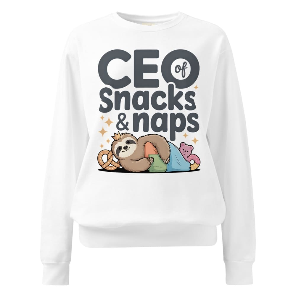 "CEO of Snacks & Naps" printed sweatshirt featuring a sloth in a crown surrounded by pretzels and plushies on vintage-washed cotton fleece