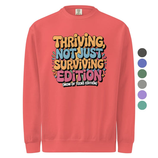 Red sweatshirt with colorful text design on a white background