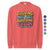 Red sweatshirt with colorful text design on a white background
