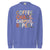 Blue sweatshirt with colorful text 'COFFEE, CHAOS, CARPOOL, REPEAT' on a white background