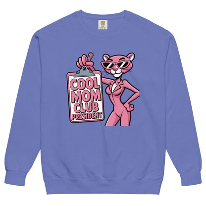 Blue sweatshirt with a pink panther graphic and 'Cool Mom Club President' text on a white background