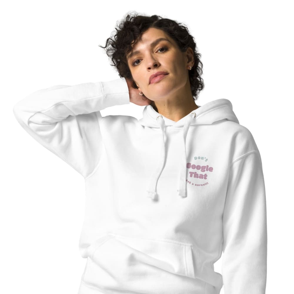 Funny embroidered nurse hoodie with pastel text saying "Don't Google That – Ask a Nurse", perfect gift for healthcare workers and nurses, Cotton Heritage