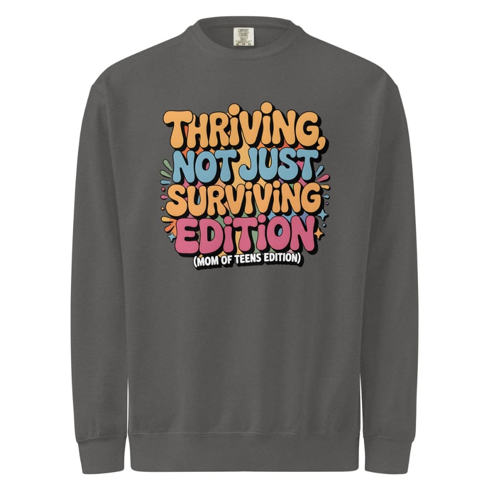 Gray sweatshirt with colorful text design on a white background