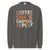 Gray sweatshirt with colorful text 'COFFEE. CHAOS. CARPOOL. REPEAT.' on a white background